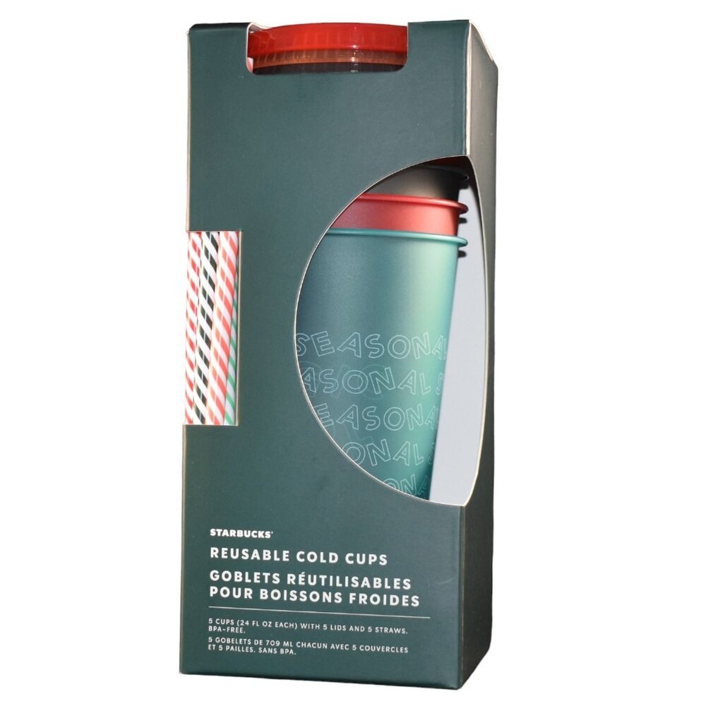 2019 Starbucks Holiday Cold Cups Reusable Set of 5 w/ Straws &amp; Lids IOB